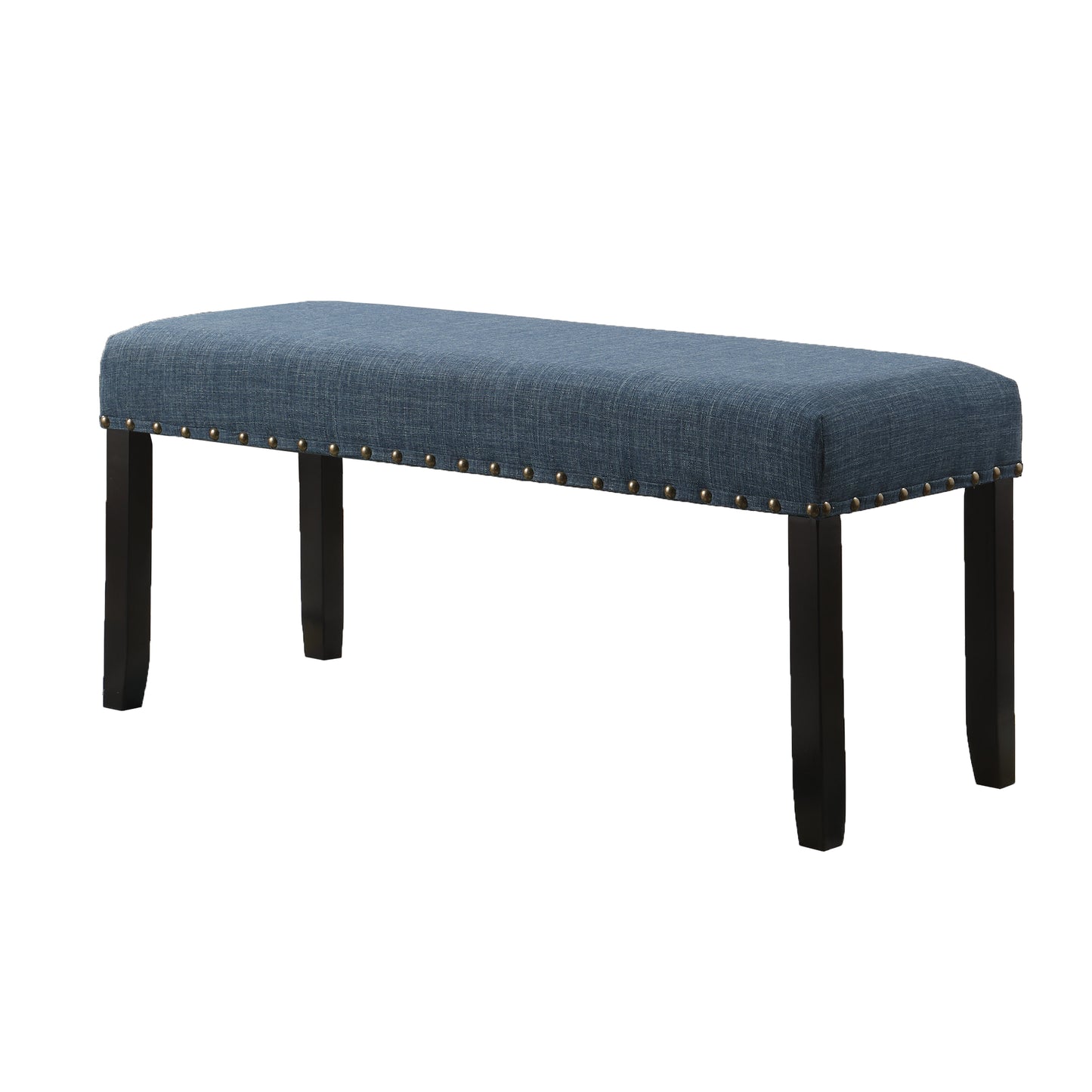 Blue upholstered bench with brass nailhead trim and dark wood legs