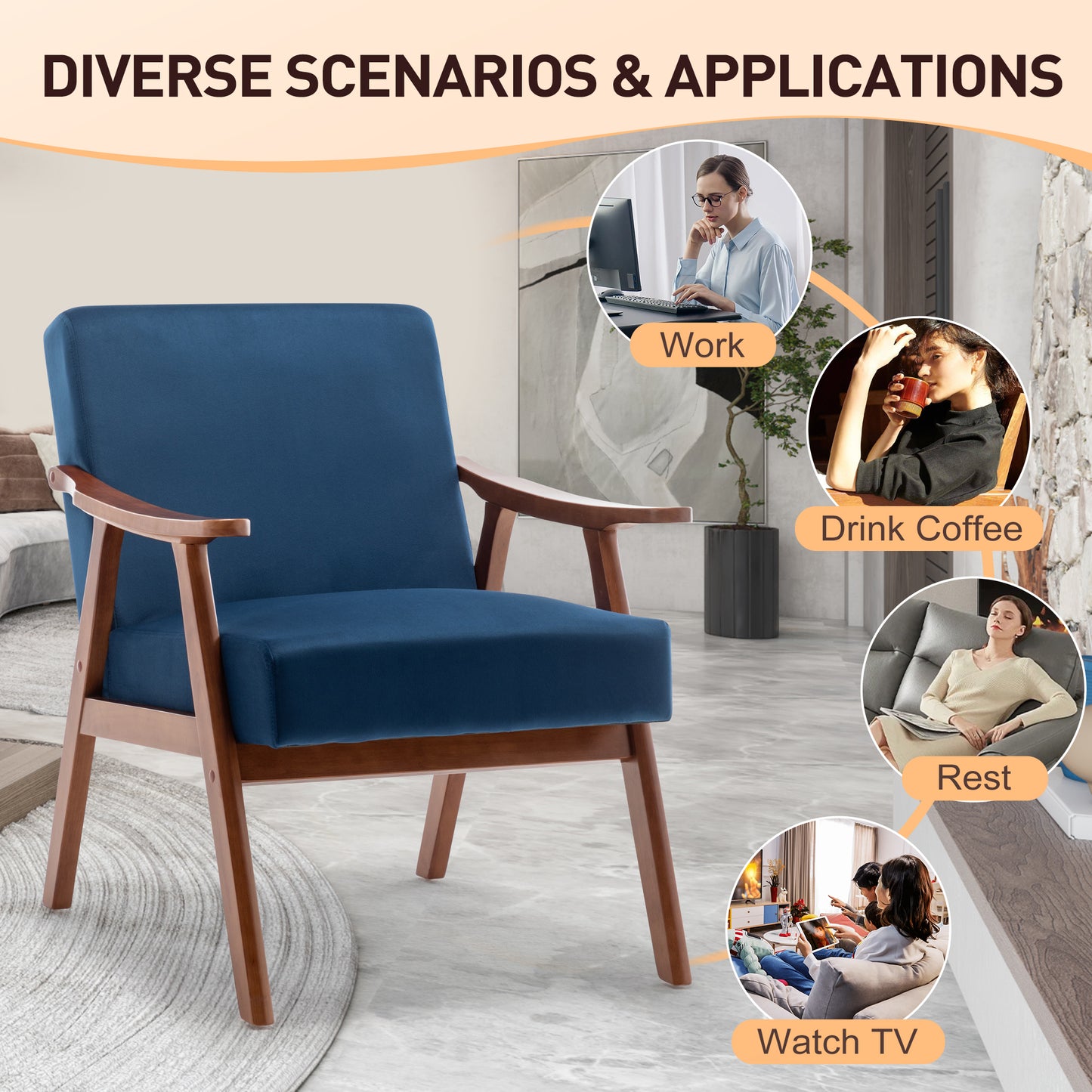 Deep blue velvet armchair with wooden frame midcentury modern style accent chair
