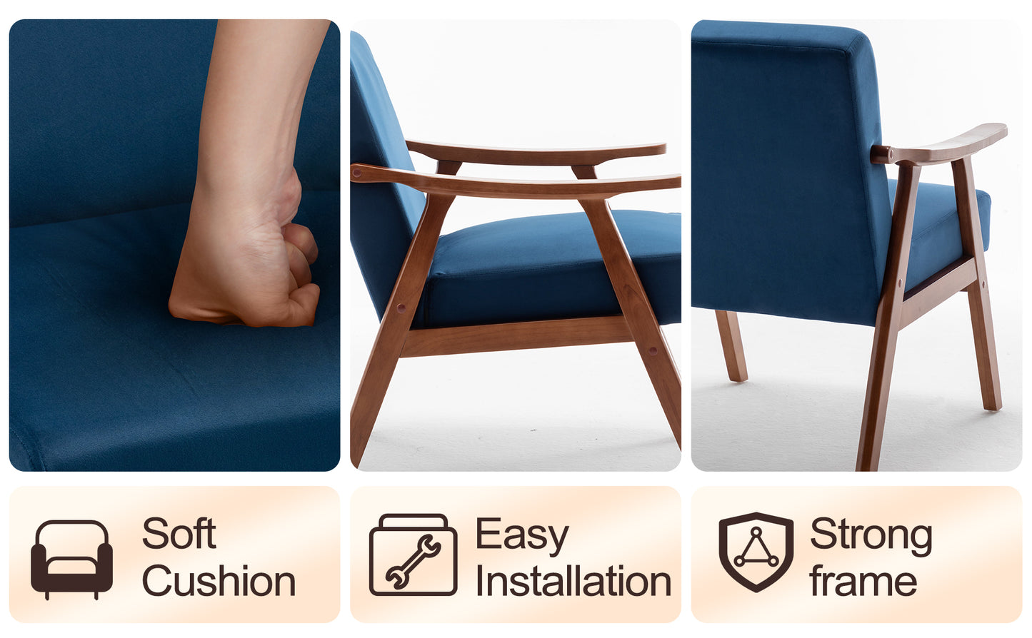 Deep blue armchair with soft fabric cushion and rich wood frame highlighting comfort