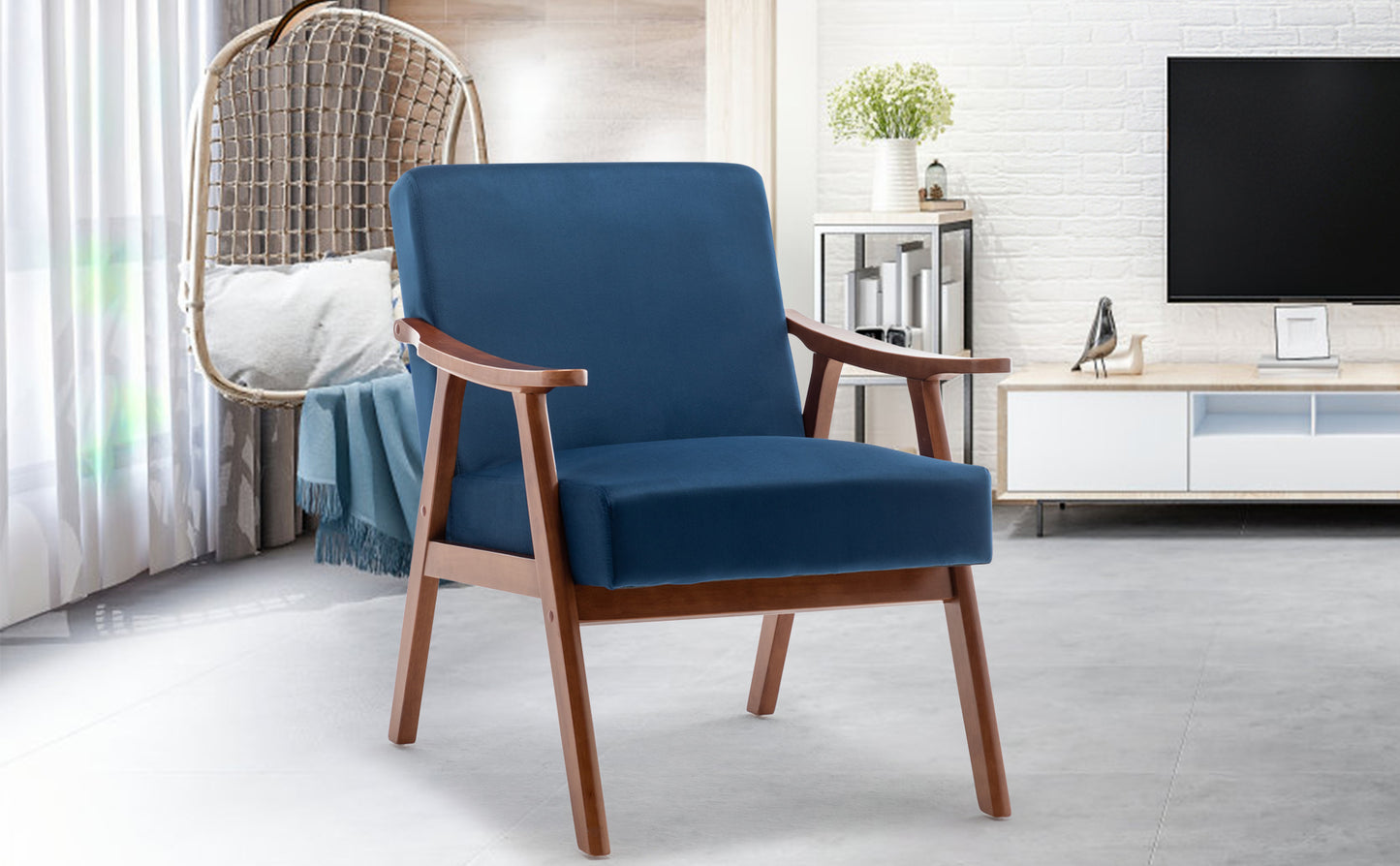 Navy blue fabric accent chair with wooden frame and armrests