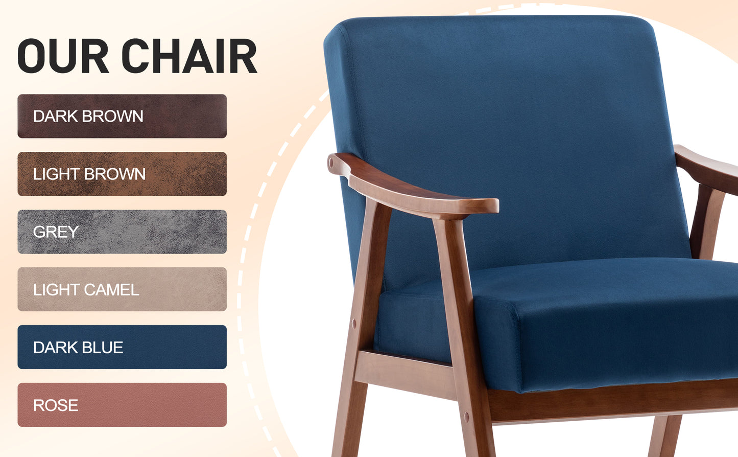 Dark blue upholstered armchair with wooden frame modern accent chair