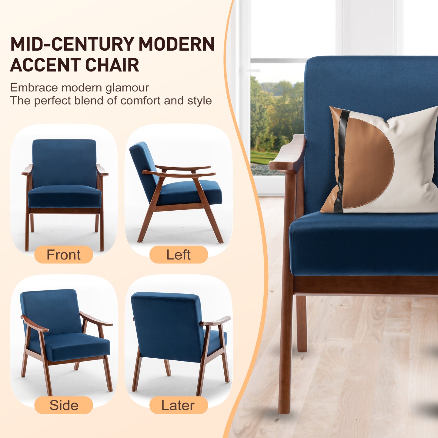 Dark blue velvet midcentury accent chair with wooden frame and arms
