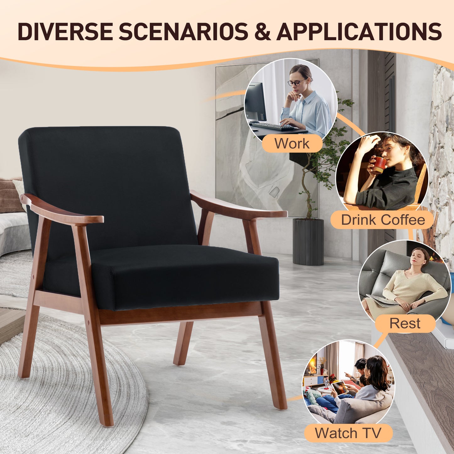 Black fabric armchair with natural wood frame for stylish living rooms