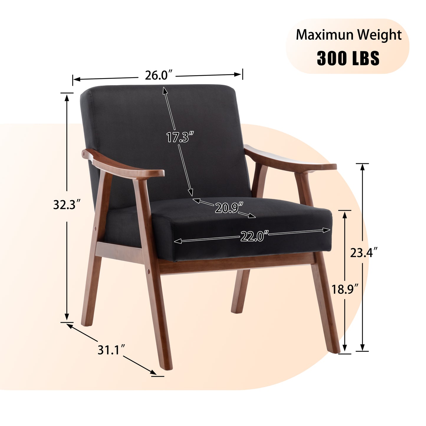 Black upholstered accent chair with wooden frame wide