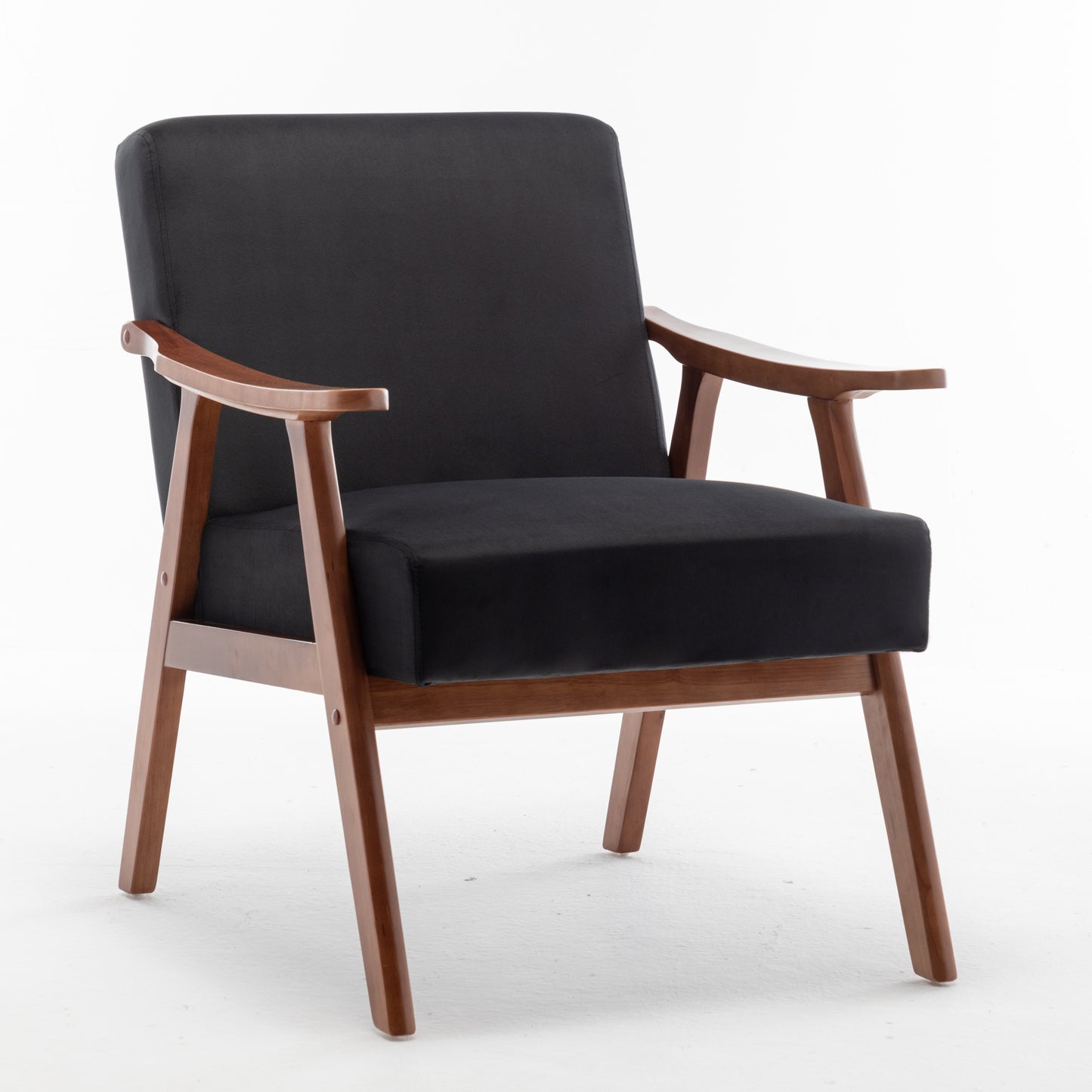 Black fabric armchair with curved wooden arms and legs