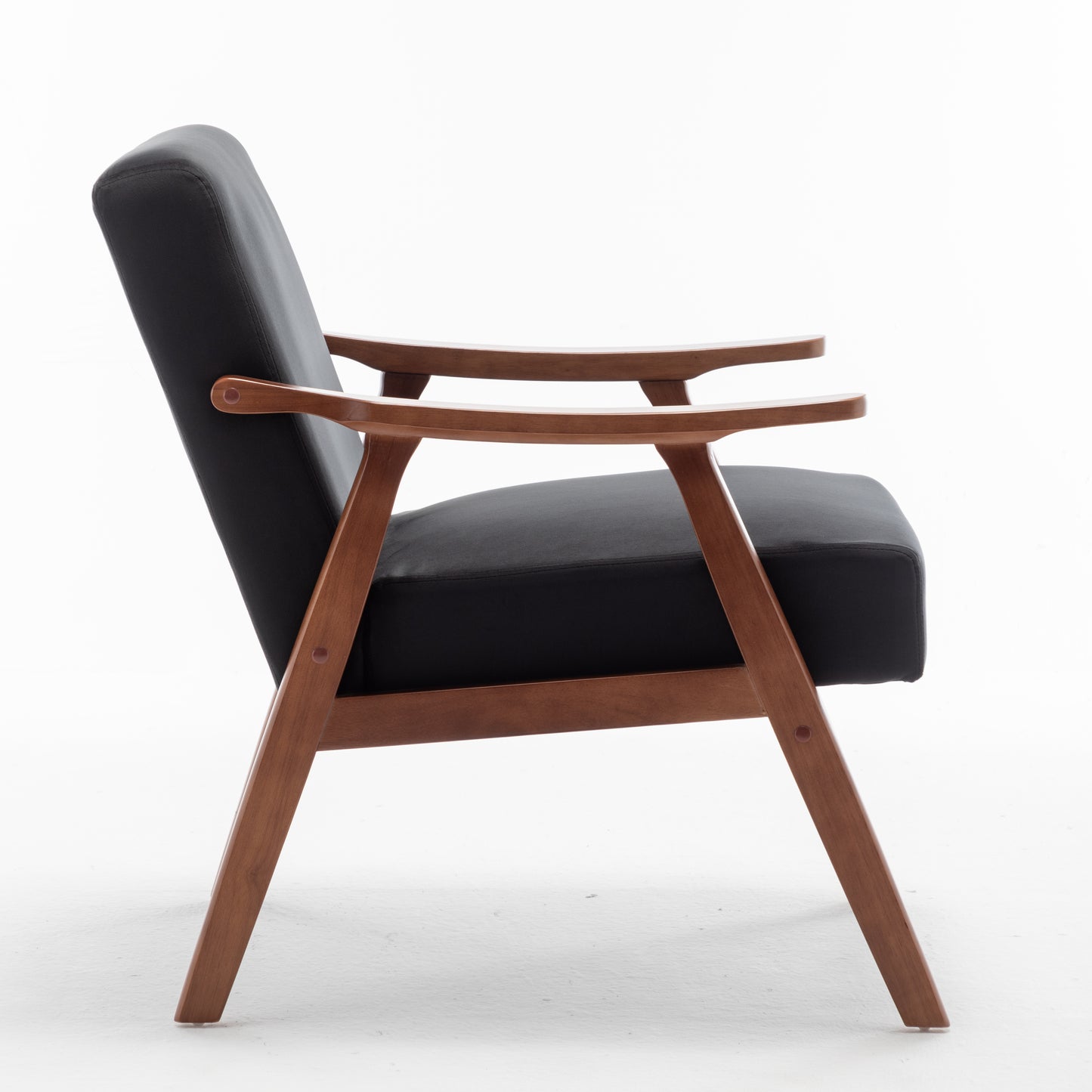 Black leather armchair with curved wooden frame and armrests