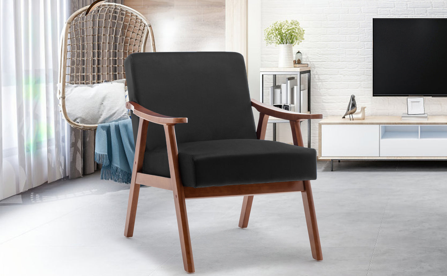 Modern accent chair with plush black upholstery and natural wood frame Comfortable armchair for reading nooks