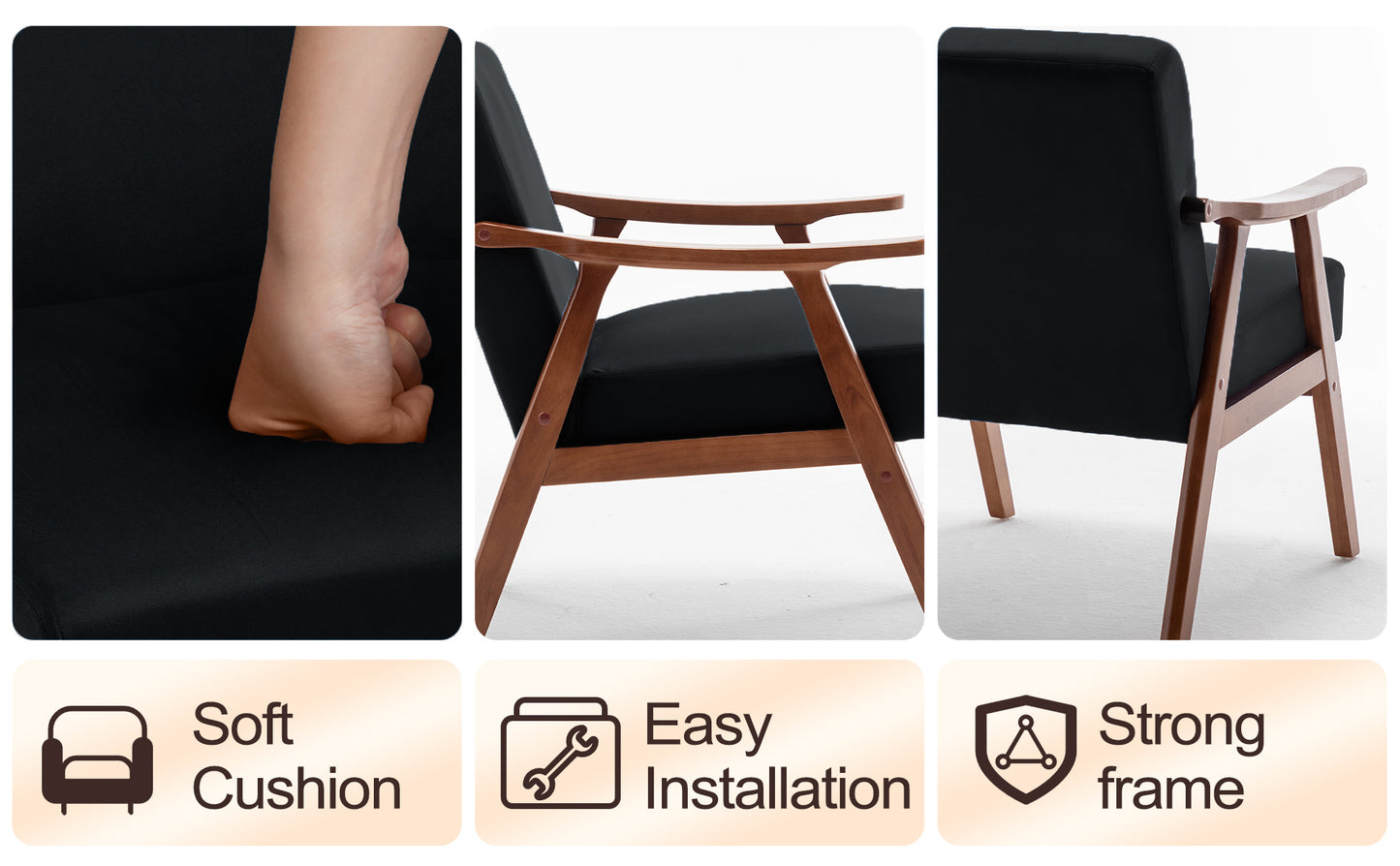 Black fabric armchair with soft cushion and wooden frame