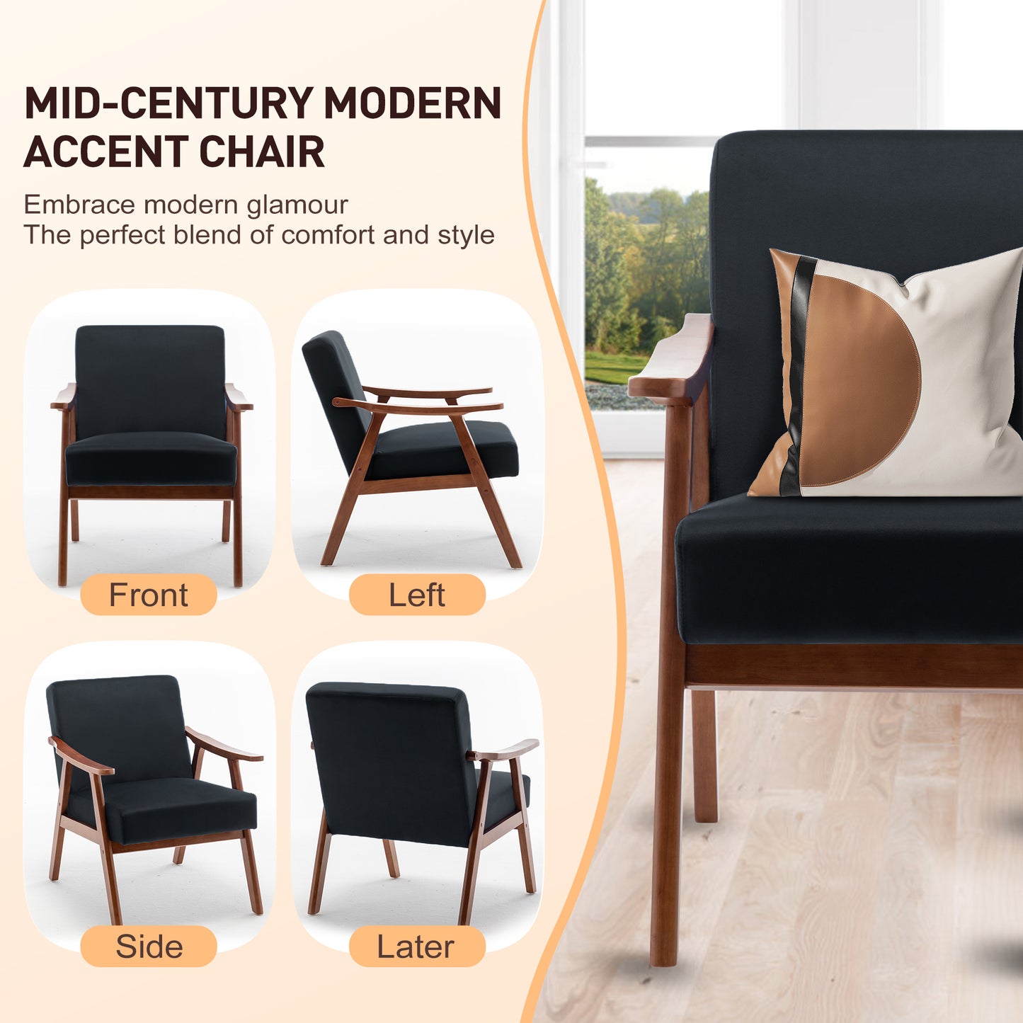 Front view of a black midcentury modern accent chair with wooden legs