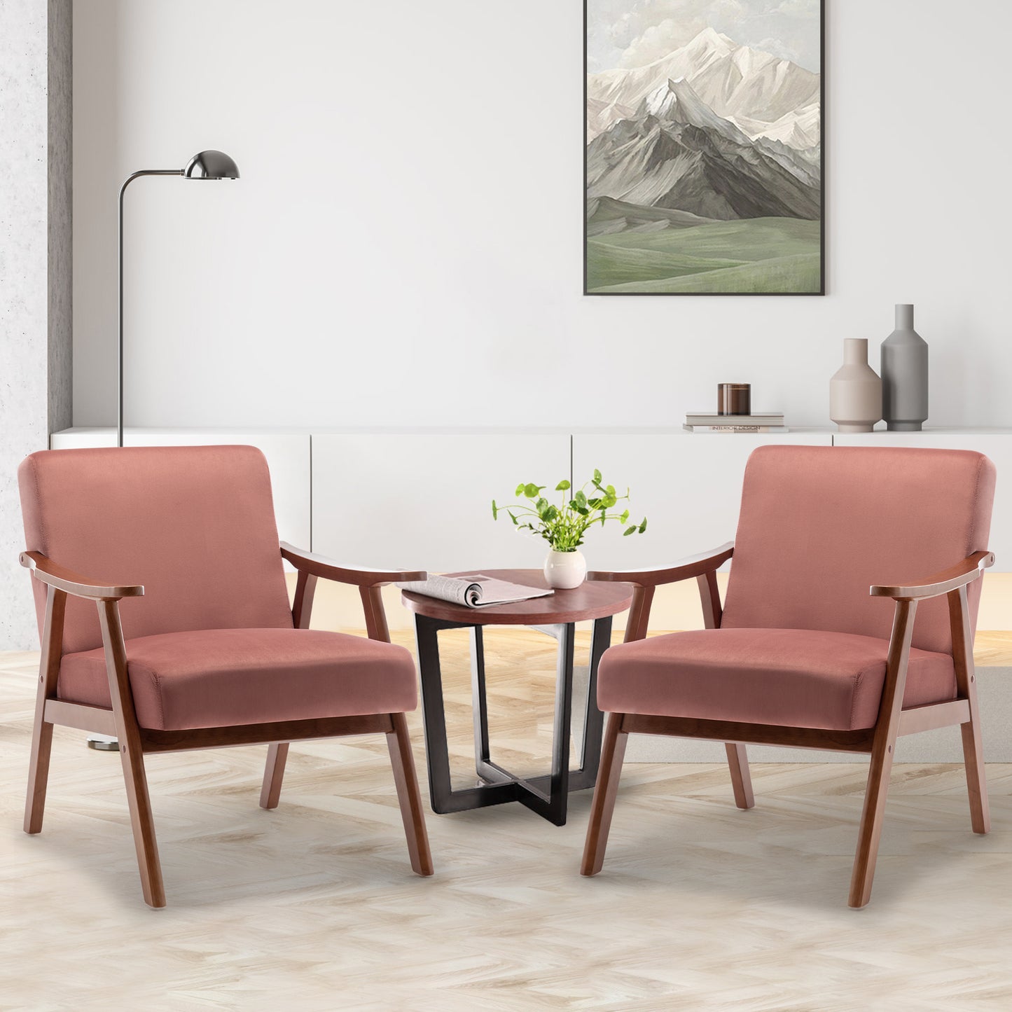 Rose velvet accent chair with wooden frame perfect for living rooms