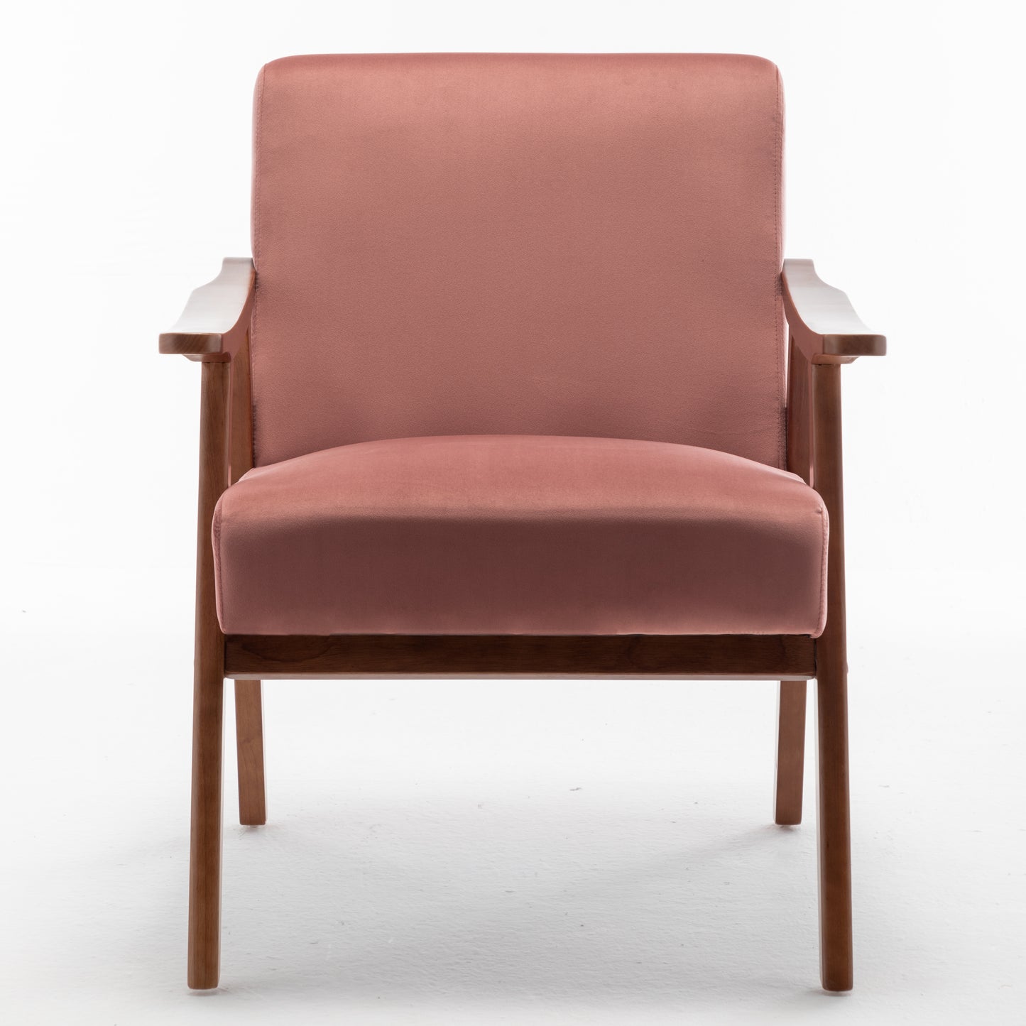 Dusty rose velvet armchair with solid wood frame and tapered legs