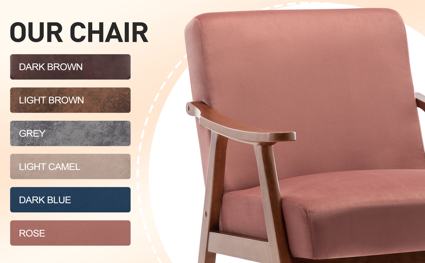 Dark brown upholstered armchair with wooden armrests and legs