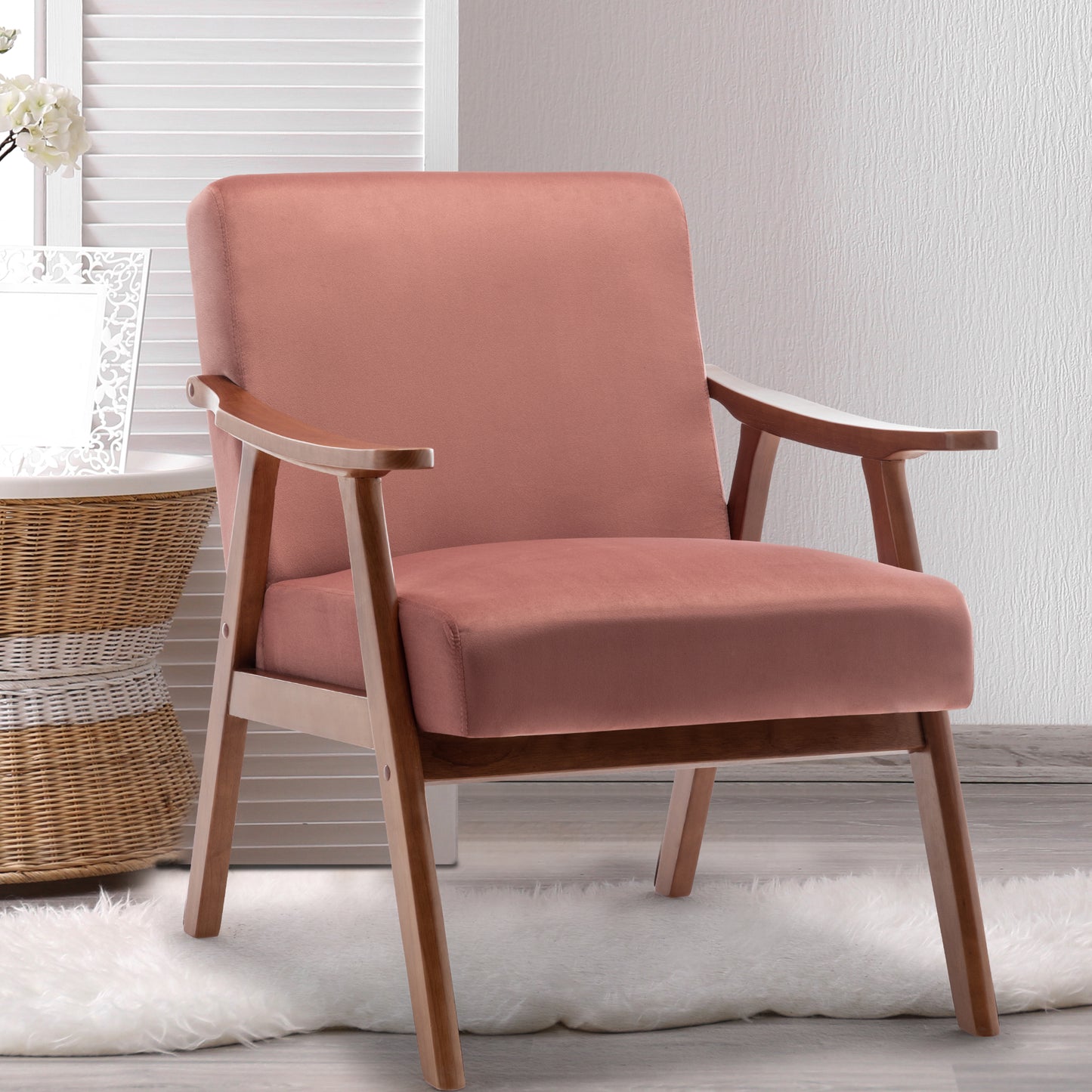 Dusty rose velvet accent chair with midcentury modern wooden frame