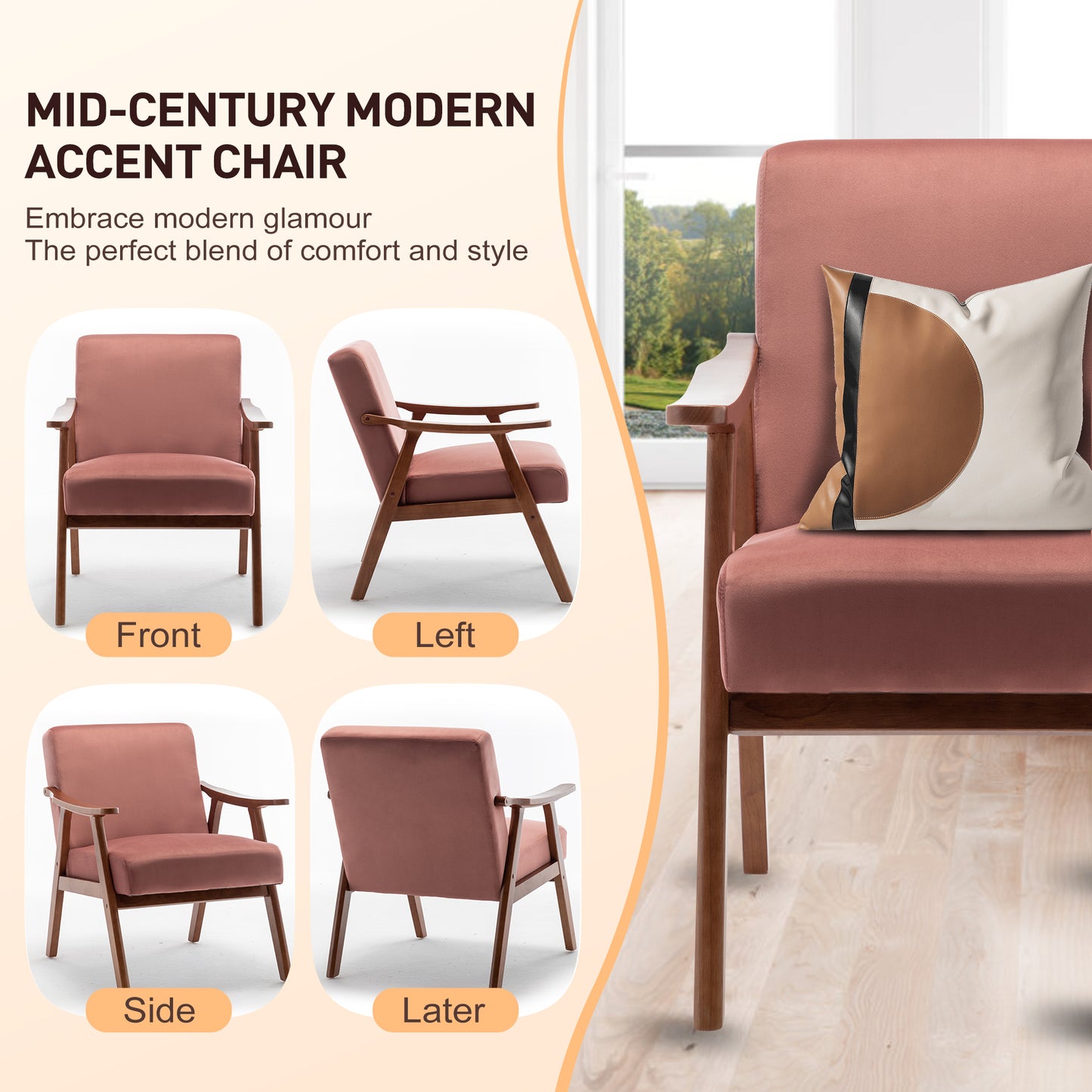 Dusty rose velvet midcentury modern accent chair with wooden frame