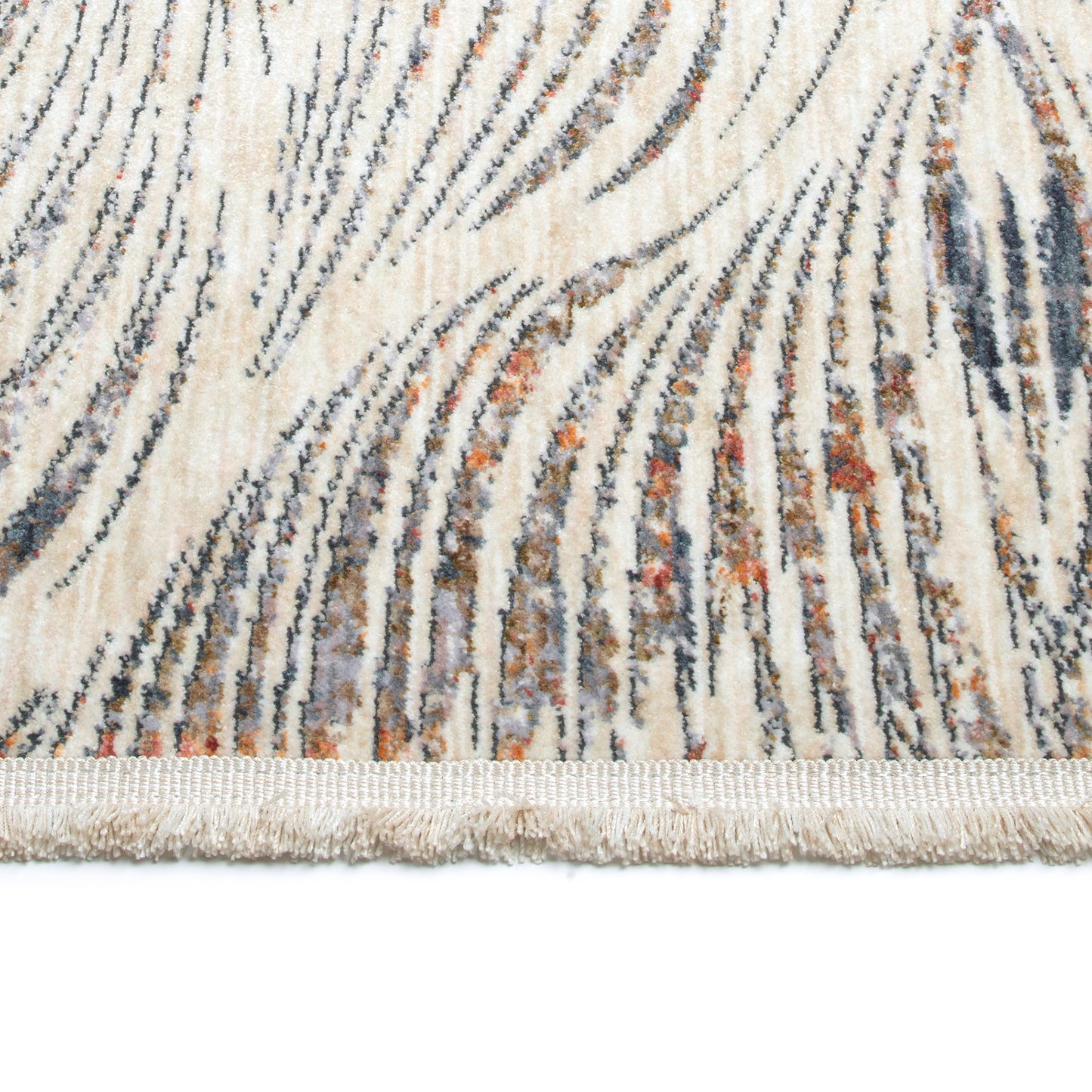 Cream and grey abstract stripe rug with tasseled fringe modern home decor