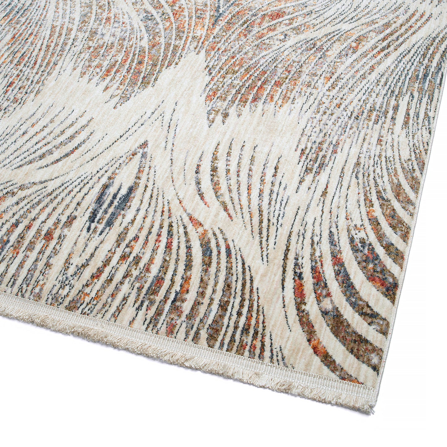 Cream and grey abstract striped rug with fringed edge