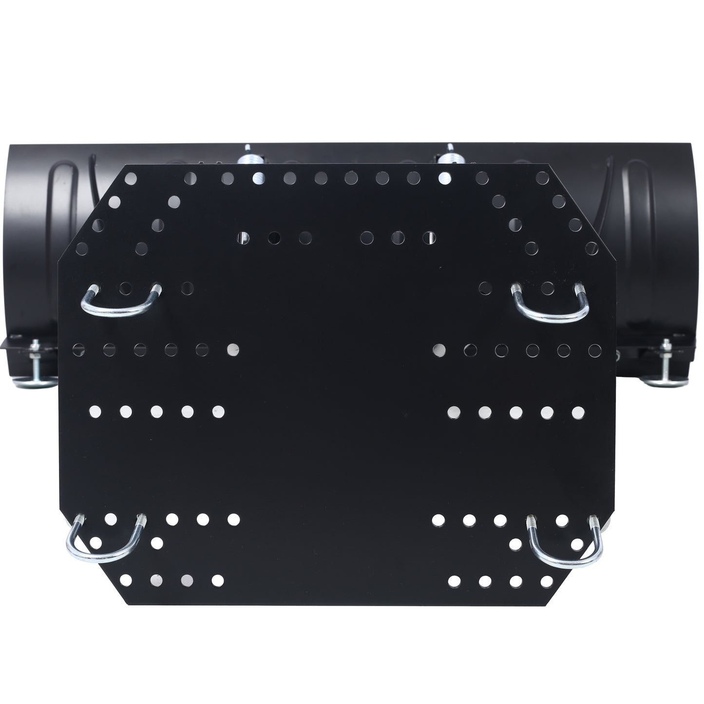 Black metal exhaust clamp with perforated bracket and Ubolts