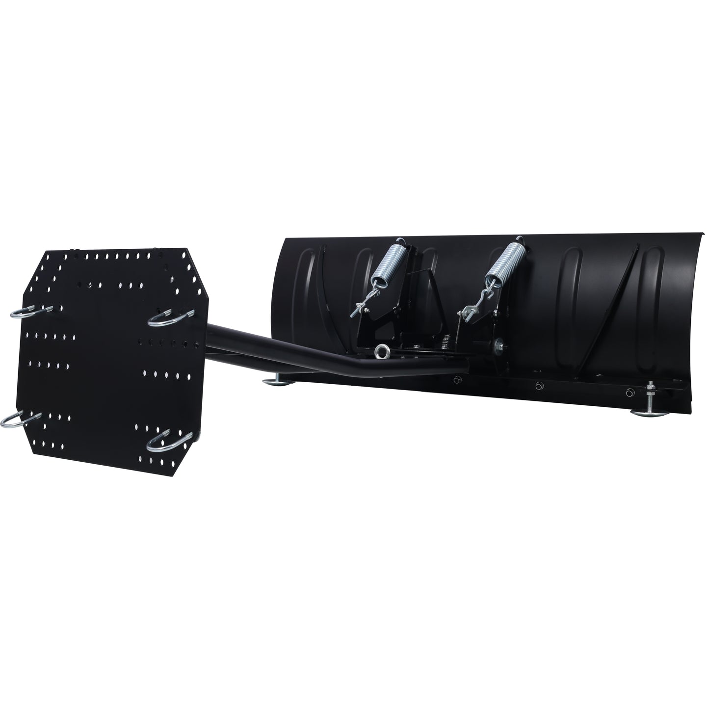 Black metal snow plow attachment with adjustable height feet and spring mechanism