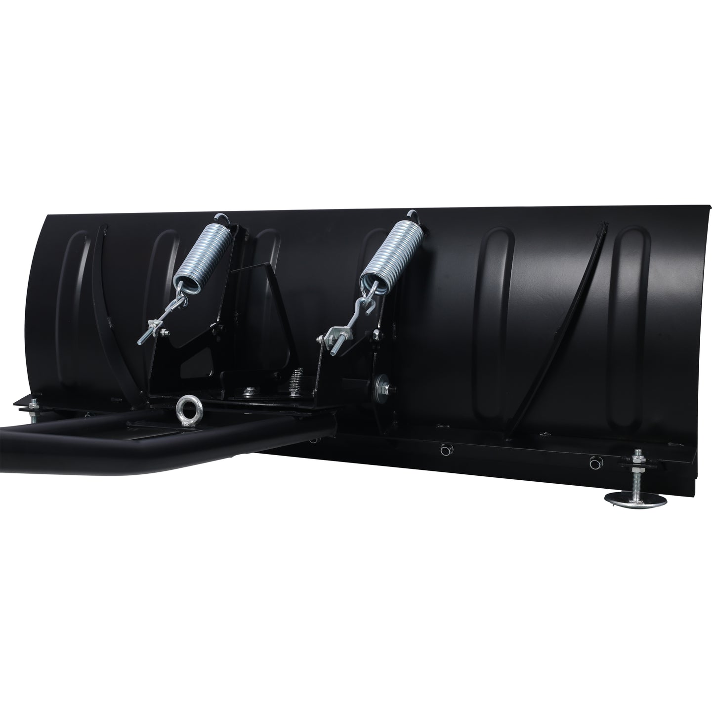Black steel snow plow blade with adjustable skid shoes and robust spring system