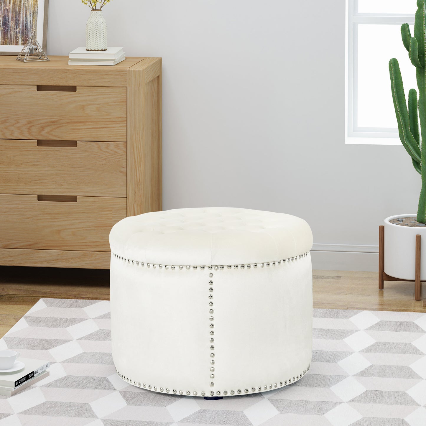 Cream velvet round ottoman with silver nailhead trim perfect accent furniture