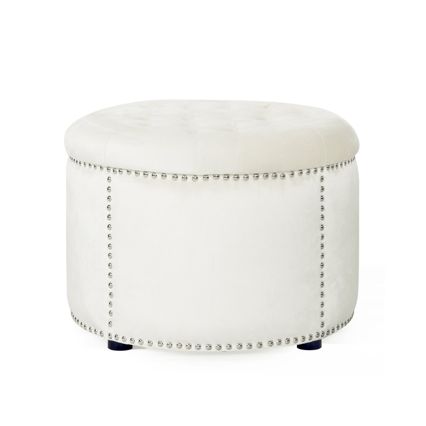 White velvet ottoman with tufted top and silver nailhead trim perfect accent seating