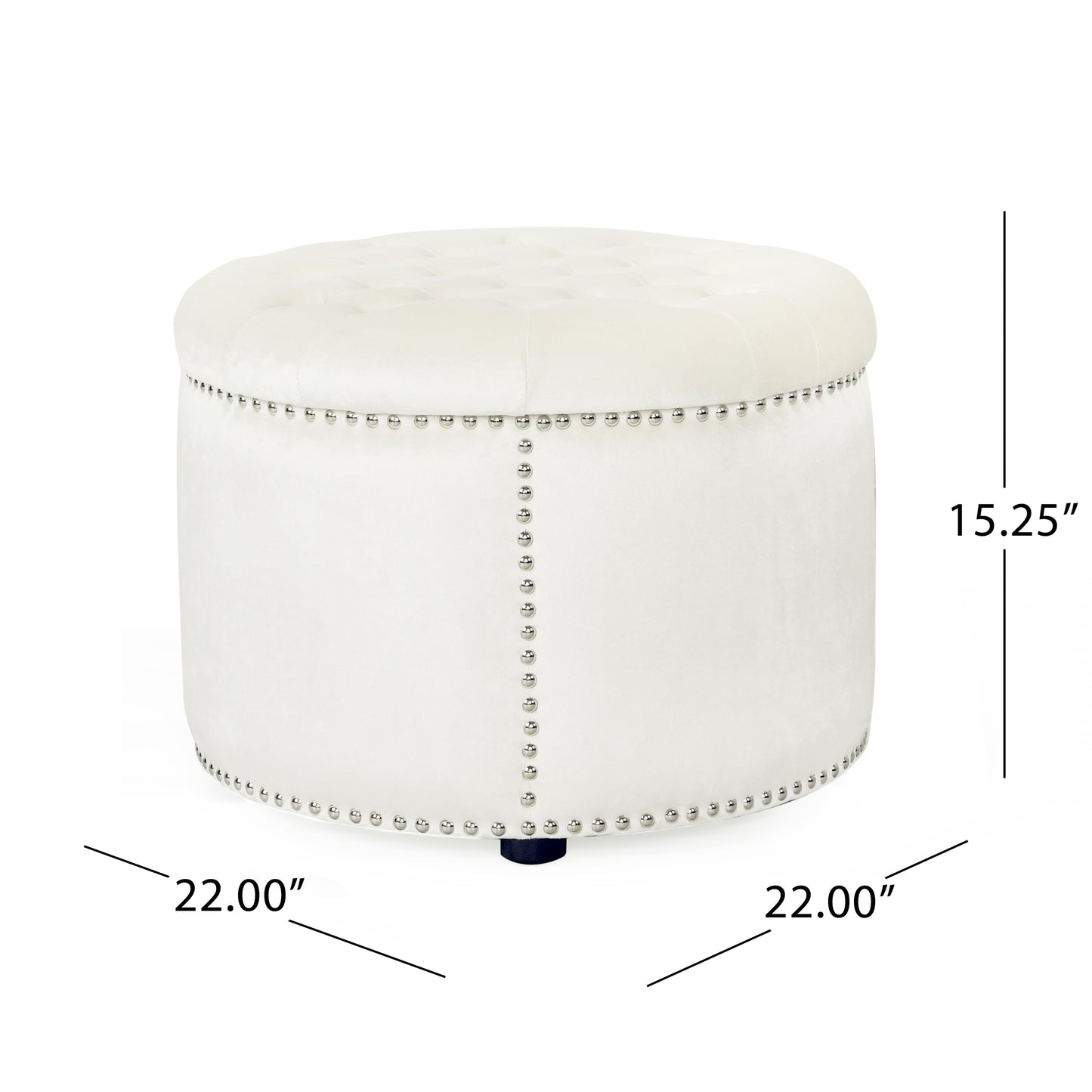 White velvet round ottoman with button tufting and silver nailhead trim diameter