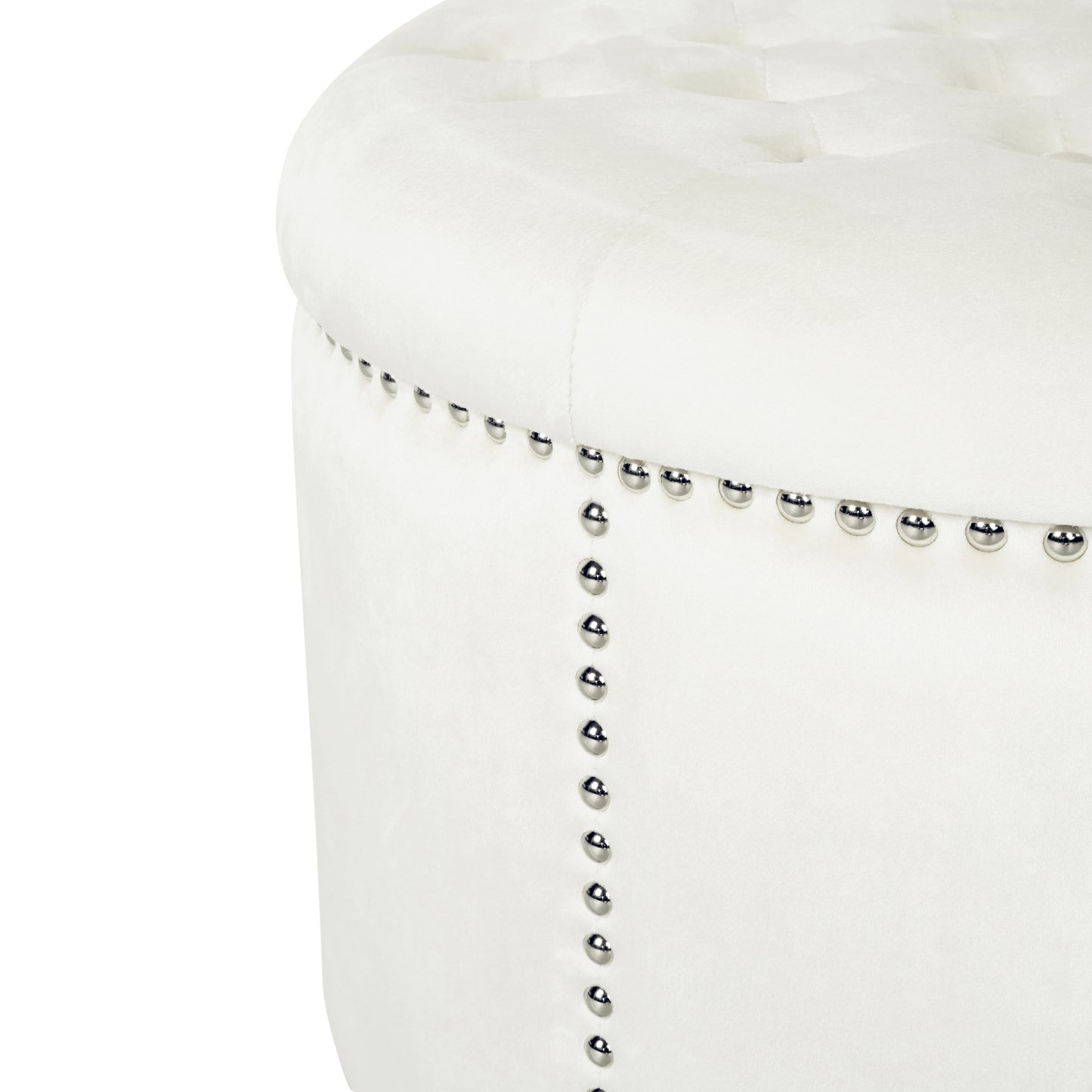 White velvet ottoman with tufted top and decorative silver nailhead trim