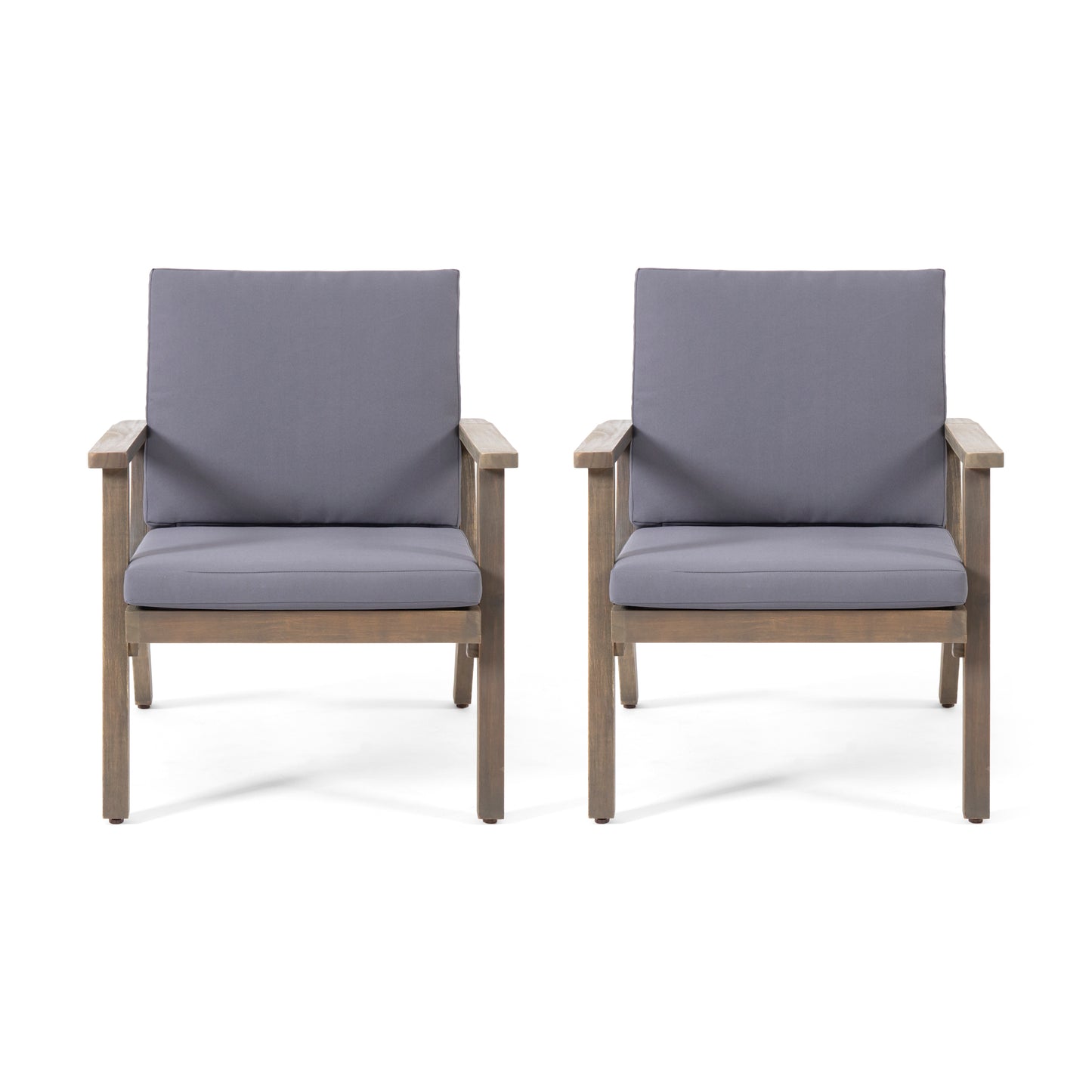 Two modern gray cushioned patio chairs with natural wood frames and arms