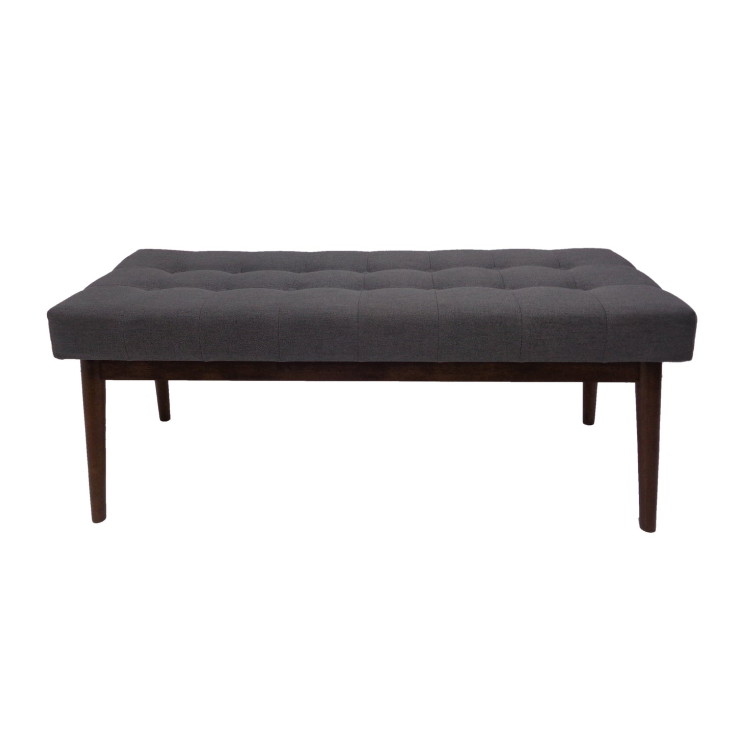 Dark gray tufted ottoman bench with tapered wooden legs perfect for entryways