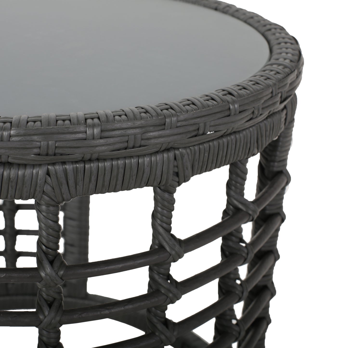 Dark gray rattan end table with glass top perfect for patio furniture