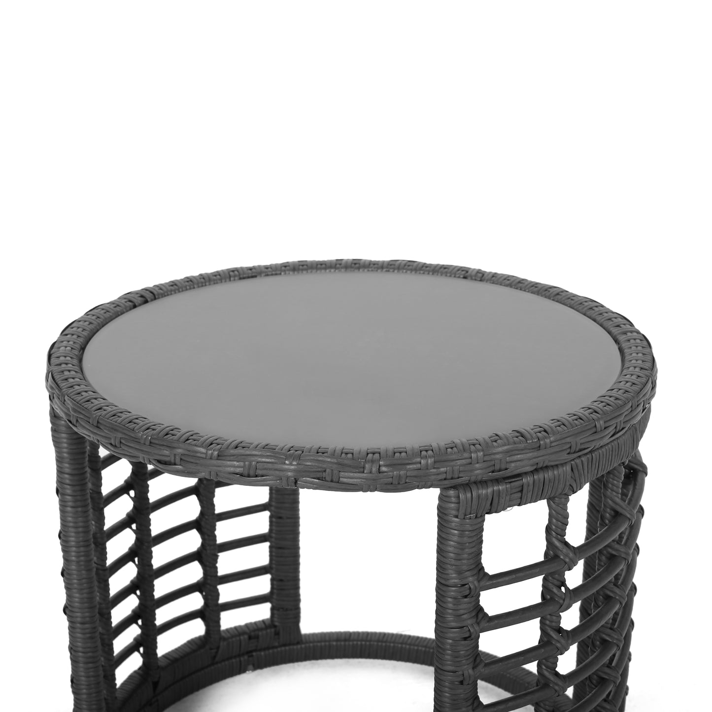Dark grey wicker side table with a glass top perfect for outdoor patio use