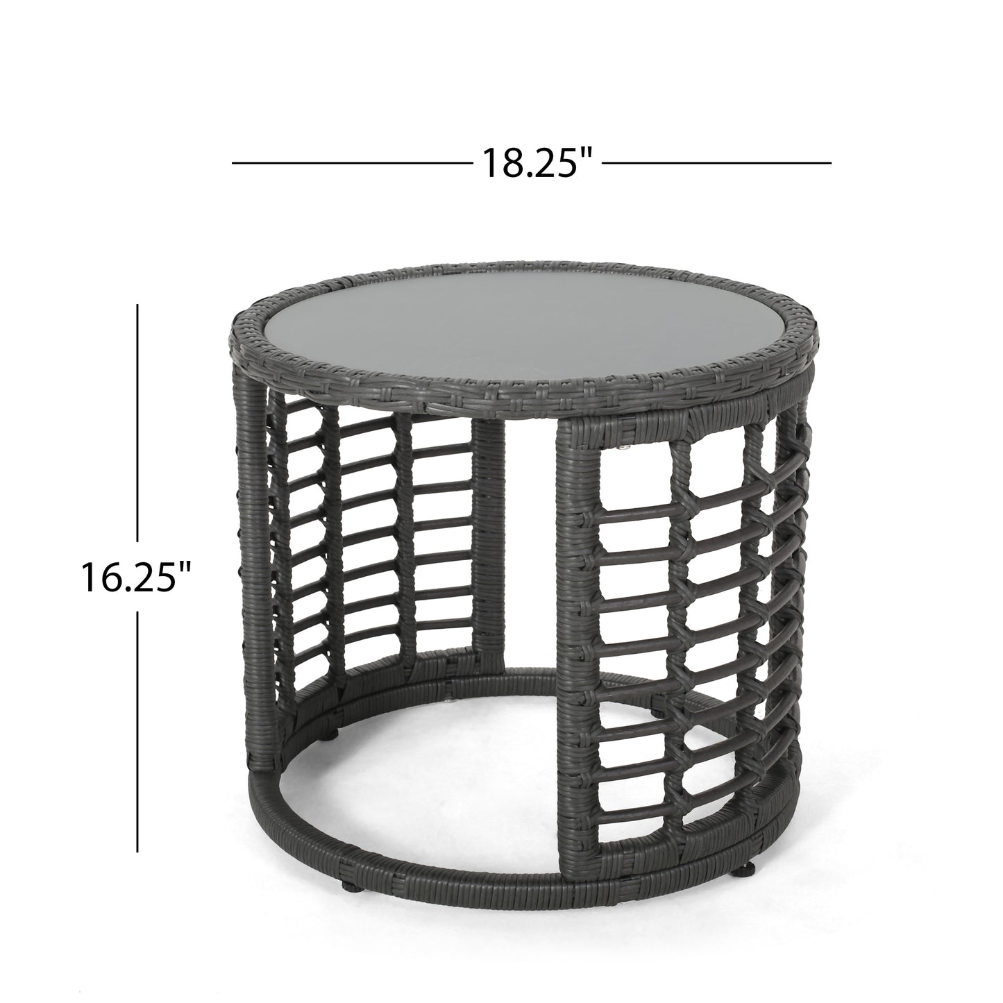 Round gray wicker patio side table with glass top diameter