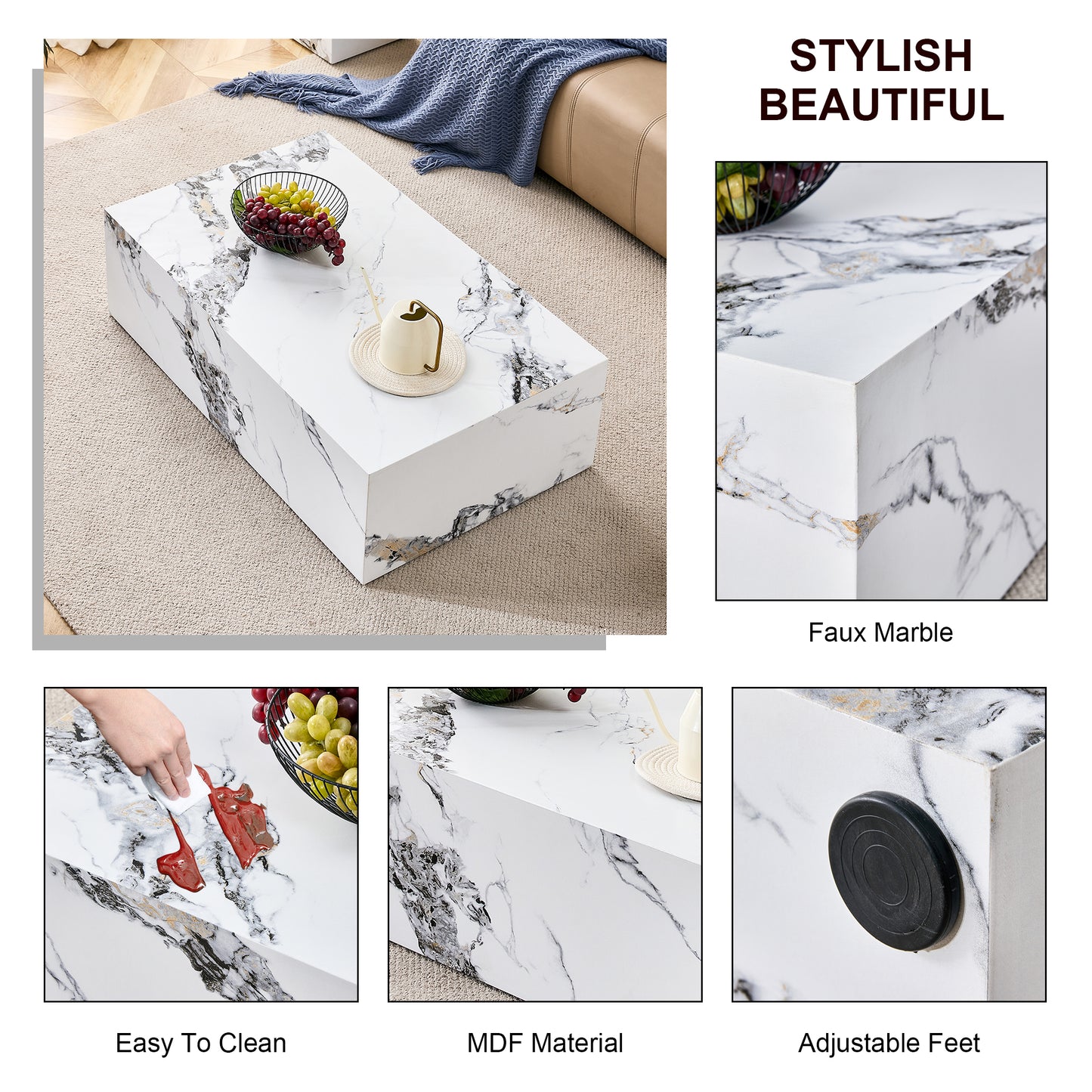 Rectangular faux marble coffee table with grapes and decorative cup