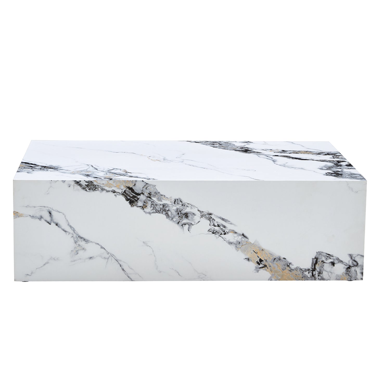 Rectangular modern coffee table with white marblelook finish and gold veining
