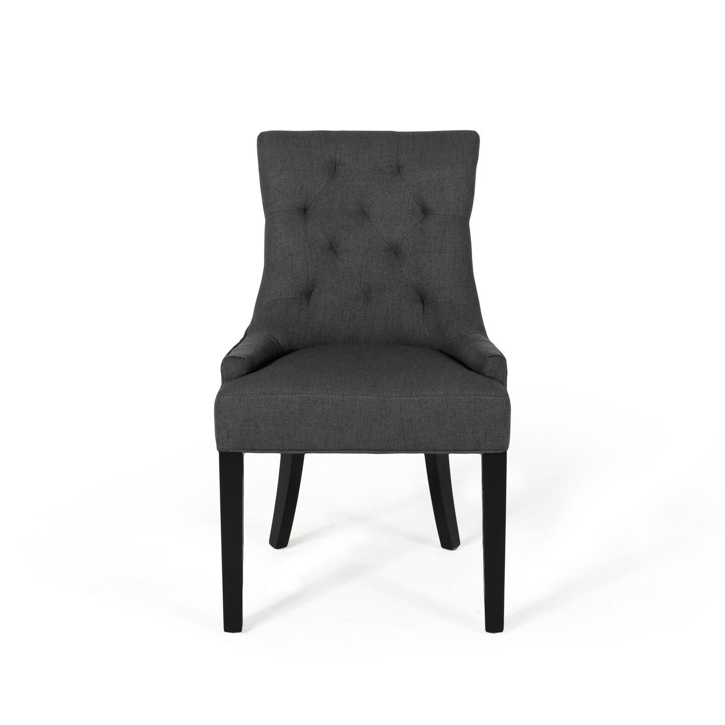 Dark grey tufted upholstered dining chair with black wooden legs