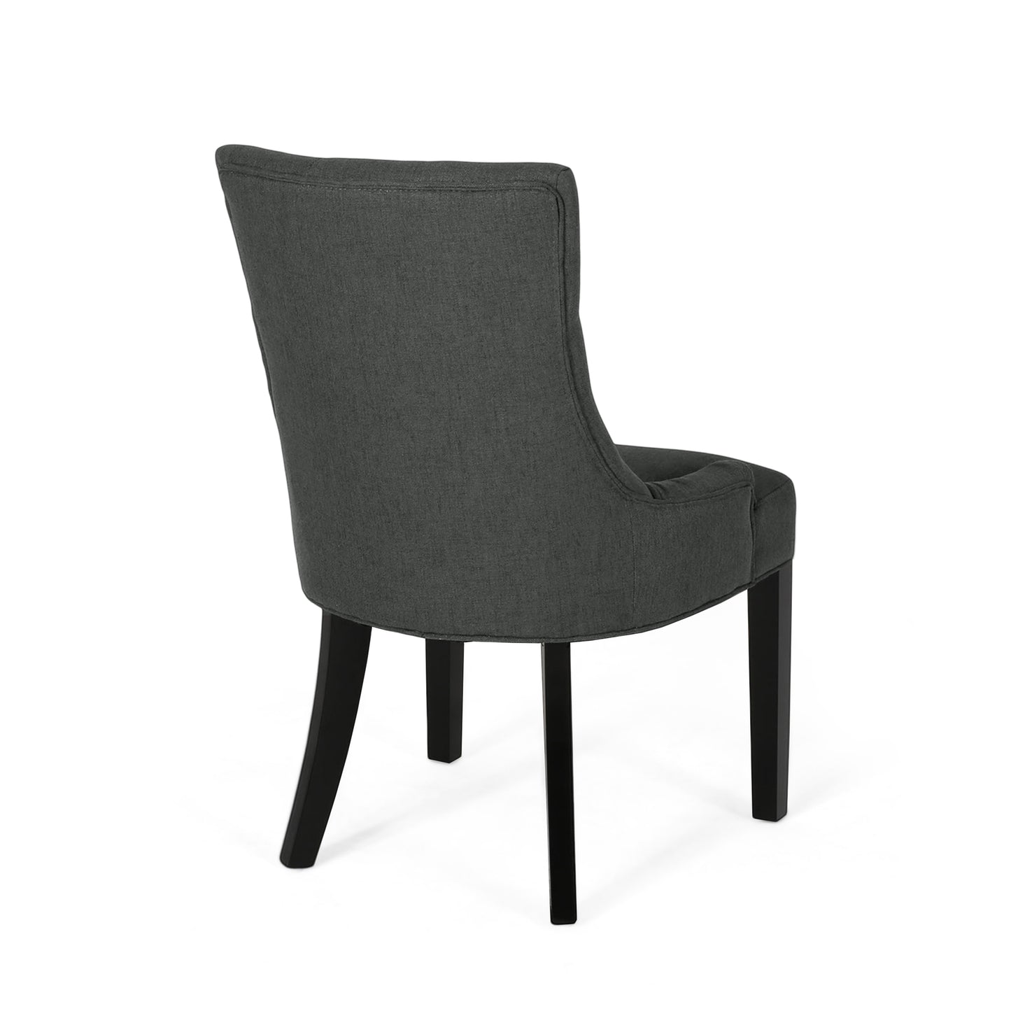 Dark grey tufted dining chair with black wooden legs upholstered fabric back