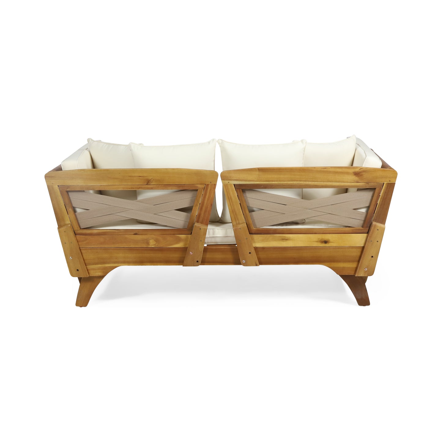 Wooden outdoor loveseat with cream cushions and crossstrap back detail