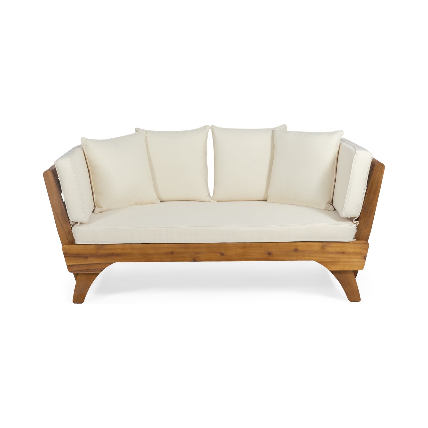 Wooden patio sofa with cream cushions and angled legs