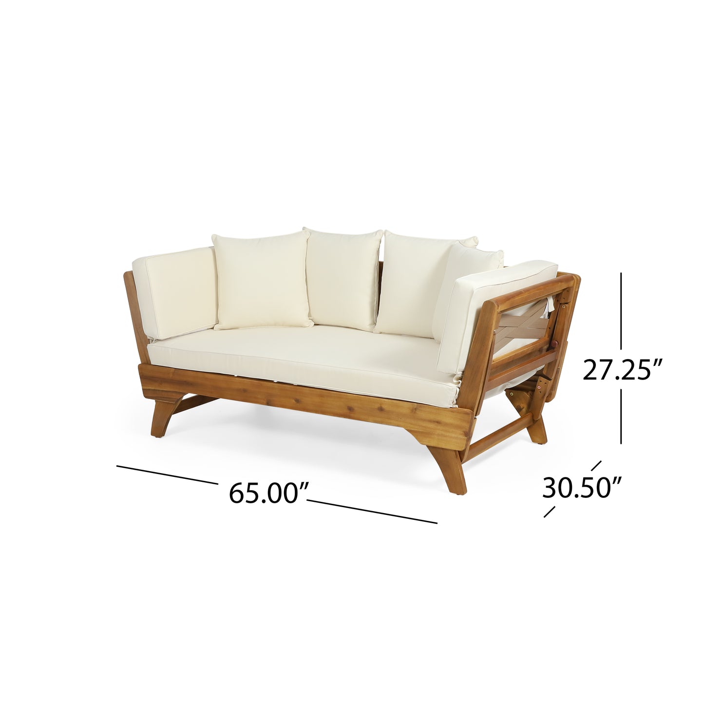 Acacia wood outdoor sofa with plush cream cushions ideal for a patio space