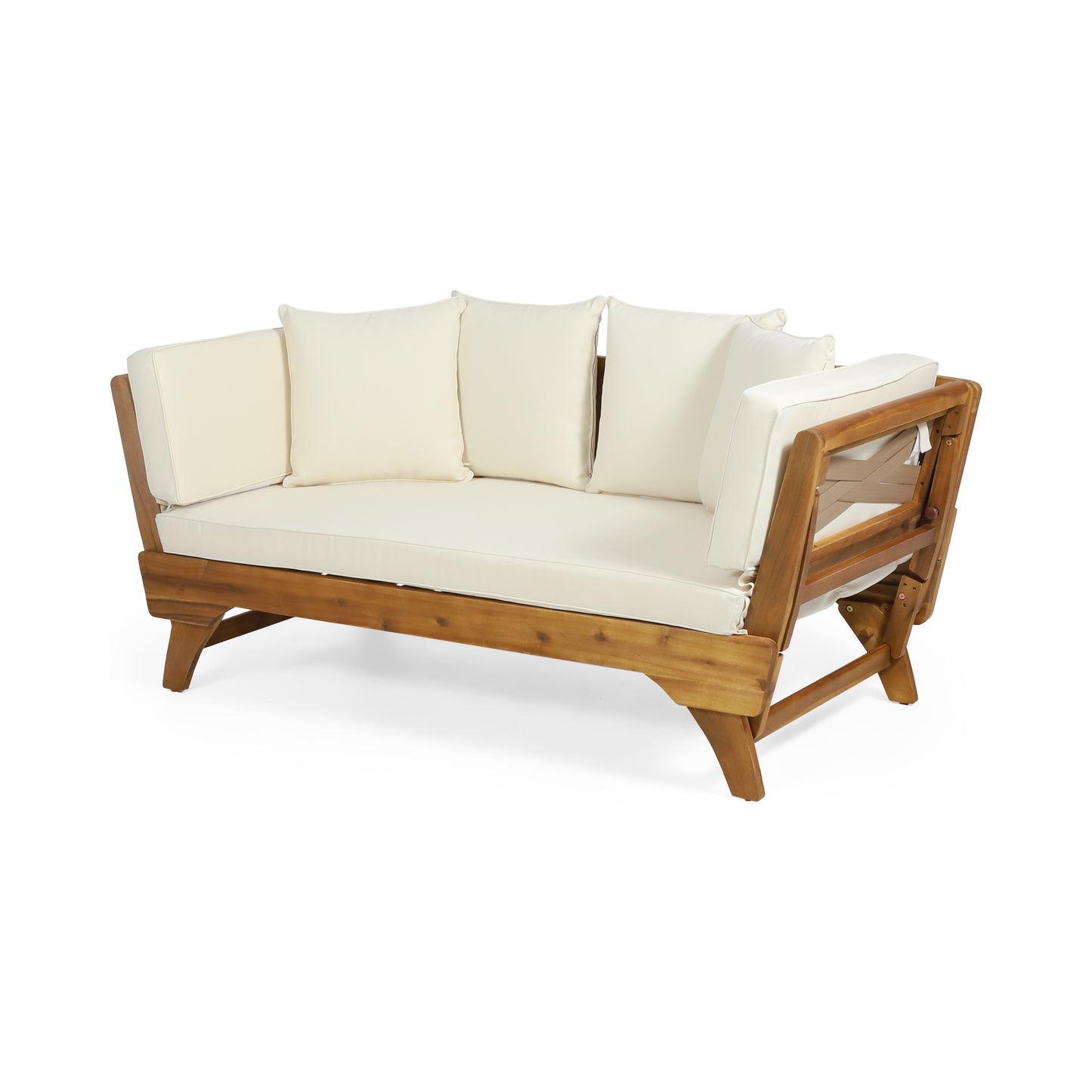 Wooden outdoor daybed with cream cushions and modern design