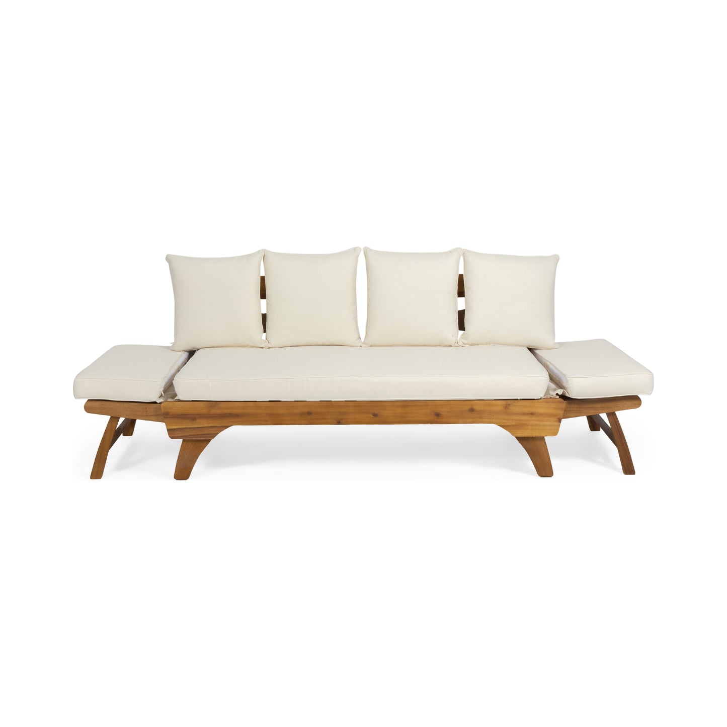 Modern wooden daybed with beige cushions and armrests ideal for outdoor relaxation