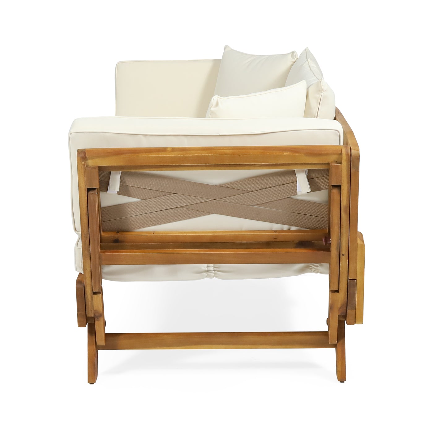 Natural wood frame outdoor sofa with cream cushions and decorative cross straps