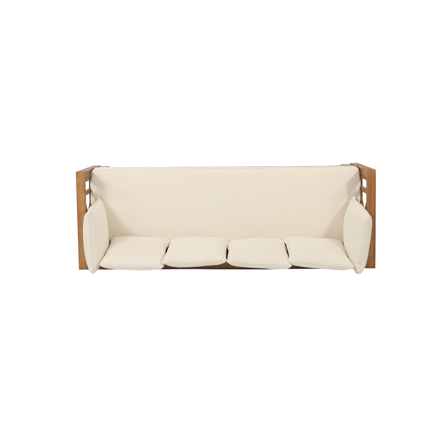 Wooden patio sofa with cream cushions and a sleek modern design