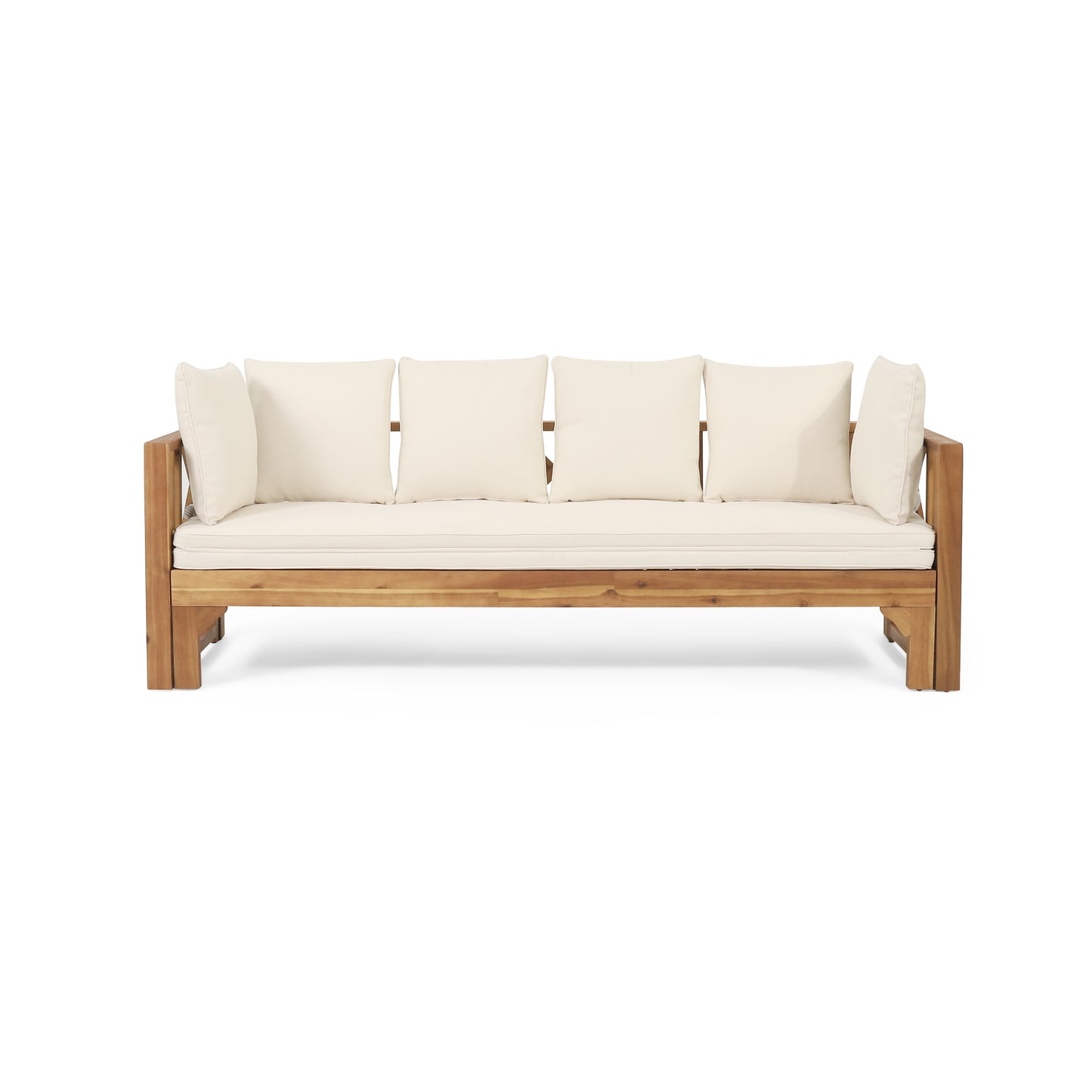 Acacia wood patio sofa with four plush cream cushions for outdoor seating