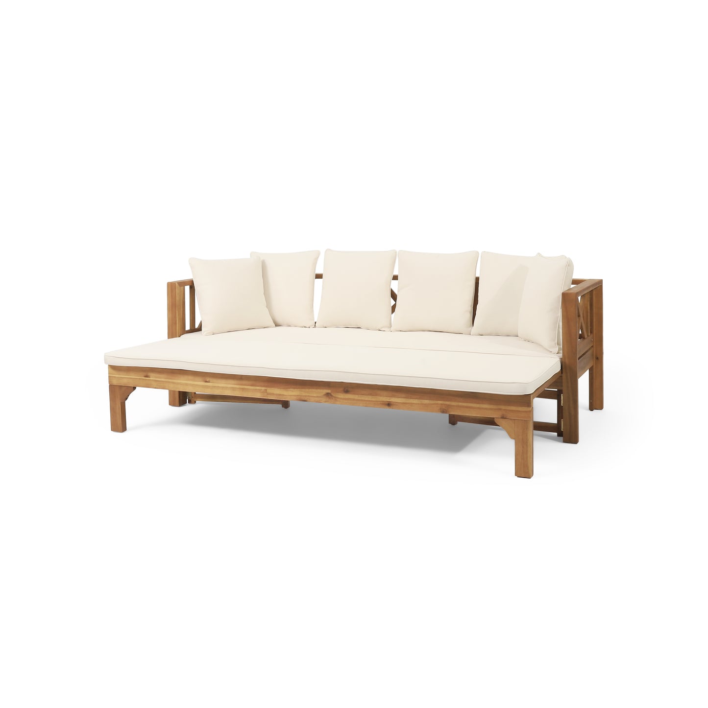 Wooden daybed with beige cushions ideal for patio seating
