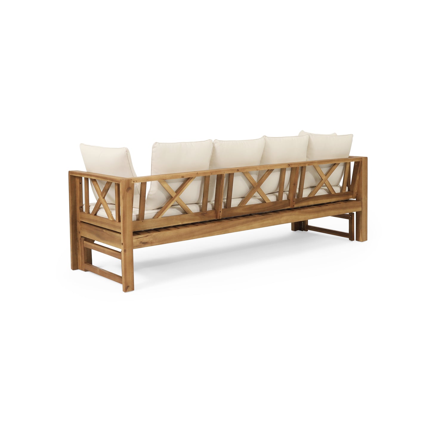 Wooden outdoor sofa with cream cushions and crisscross back detail perfect for patios