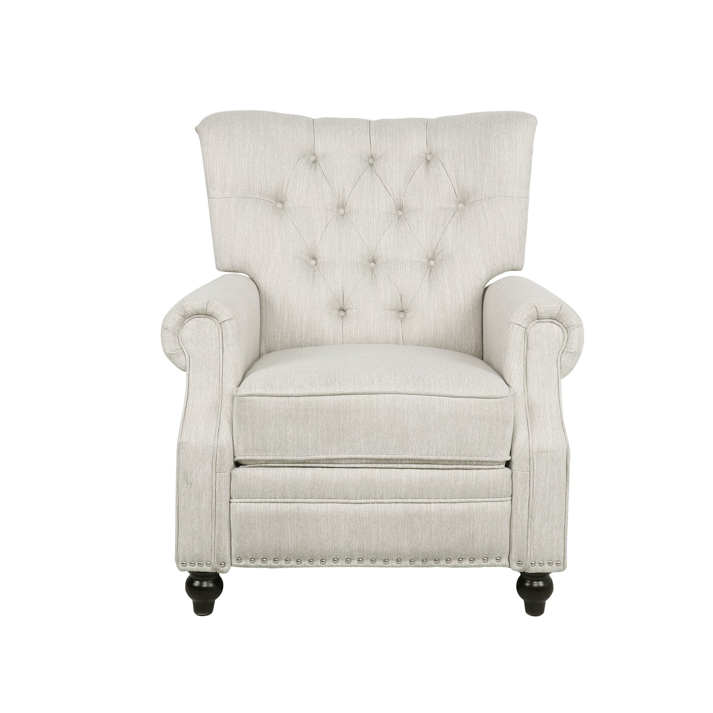Tufted back linen recliner in a neutral beige fabric with silver nailhead trim
