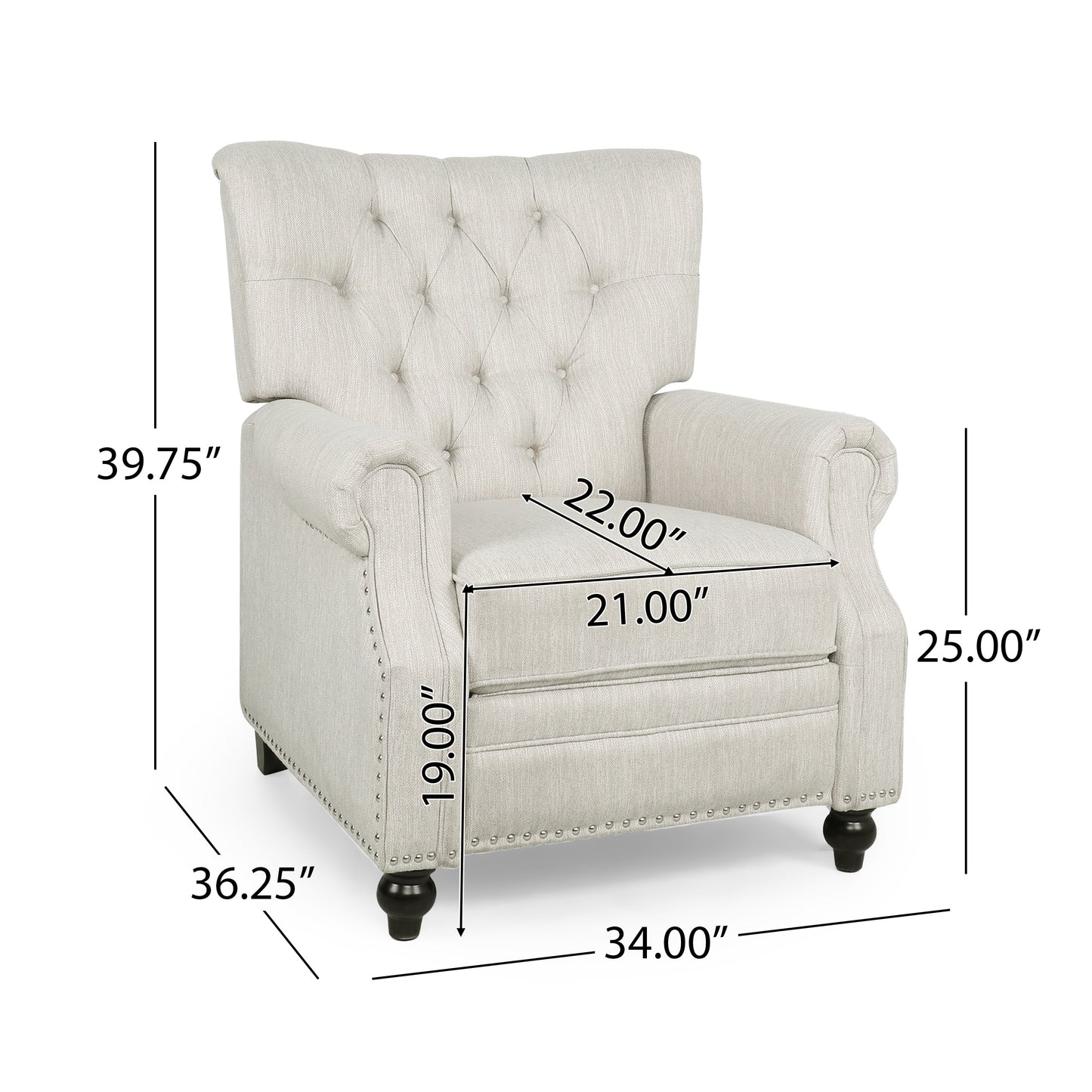 Light beige fabric tufted recliner chair with nailhead trim and dark wooden legs