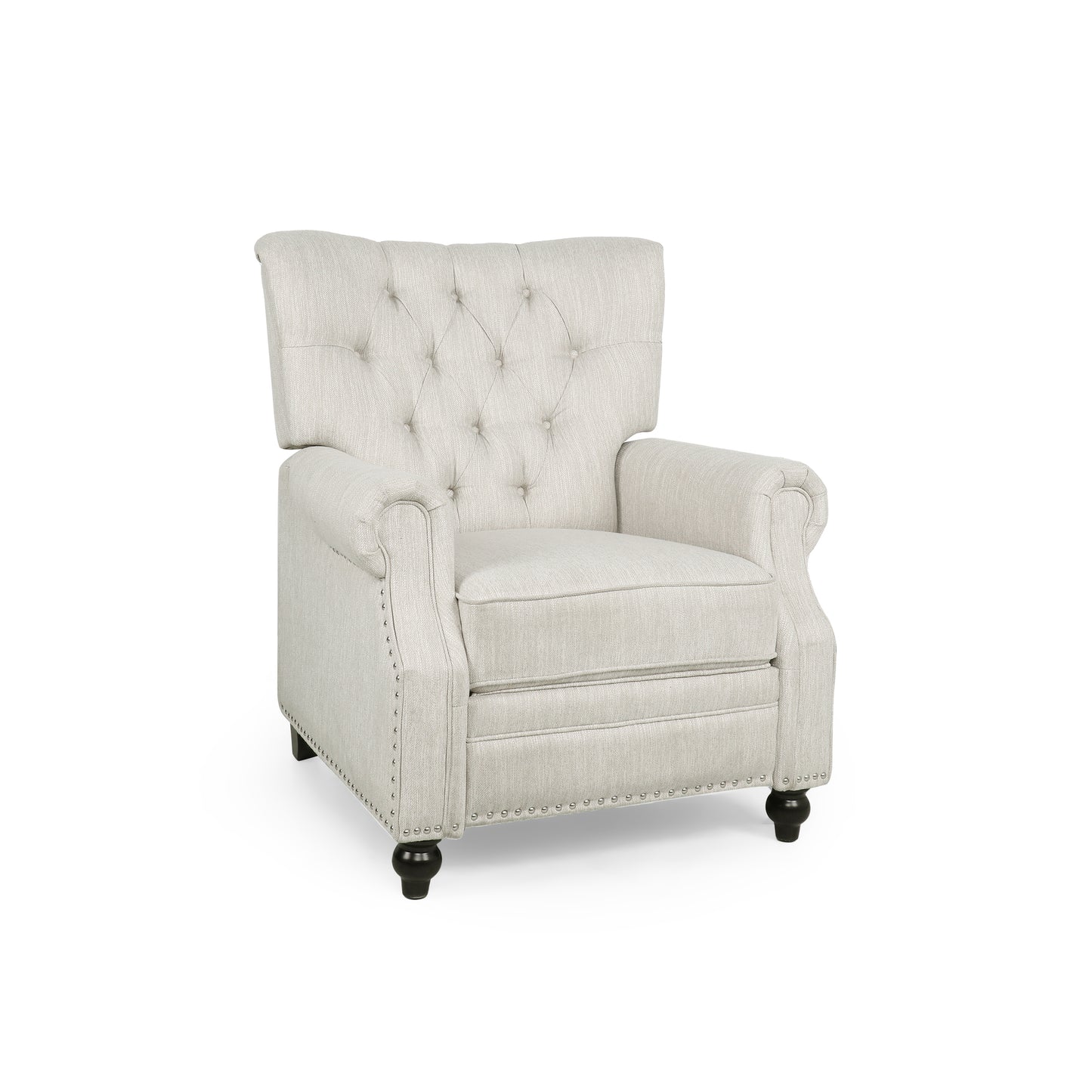 Tufted back linen recliner in natural beige with silver nailhead trim and dark wooden legs