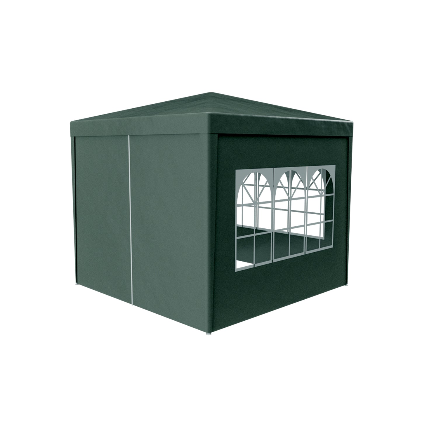 Dark green x meter party tent with arched windows and white piping